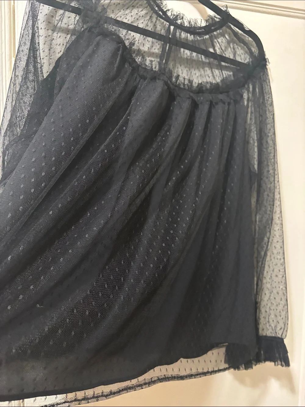 Jcrew Black Sheer Dot Mesh Blouse with Ruffle Neckline